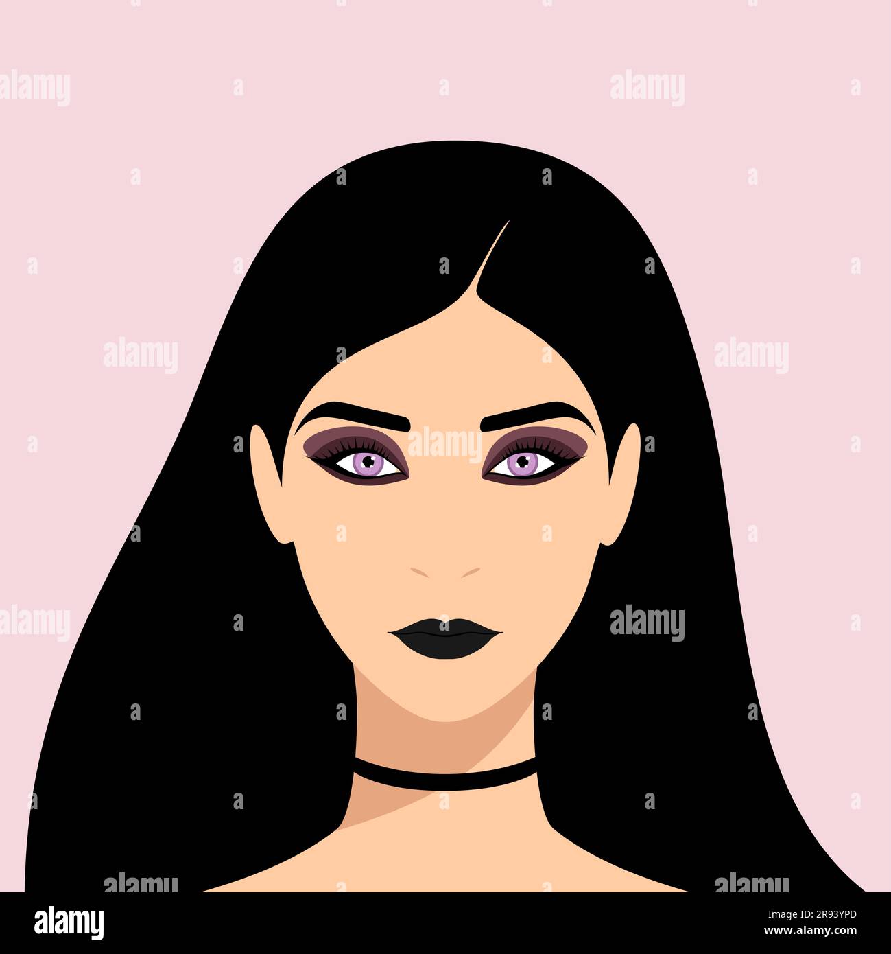 Portrait d'une jeune femme gothique aux longs cheveux noirs, yeux violets et maquillage fumé Illustration de Vecteur
