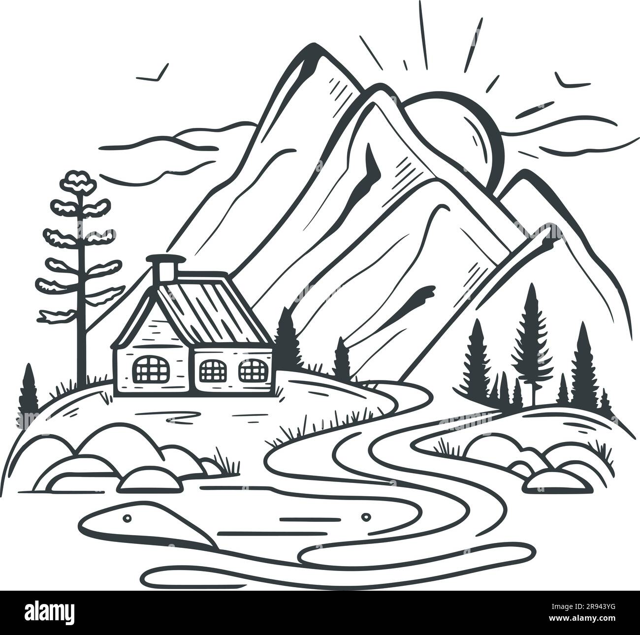Cottage en montagnes esquisse noire sur fond blanc. Maison rurale en zone montagneuse avec rivière. Paysage rural dessiné à la main. Campagne dessiné à la main Illustration de Vecteur