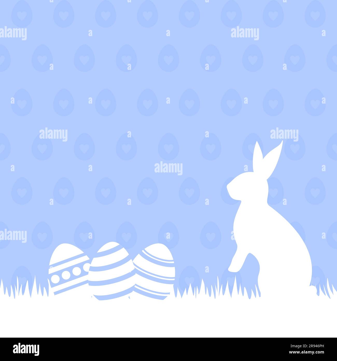 Lapin blanc et œufs de Pâques dans une herbe sur un fond bleu à motifs avec espace de copie. Illustration vecteur Pâques Illustration de Vecteur