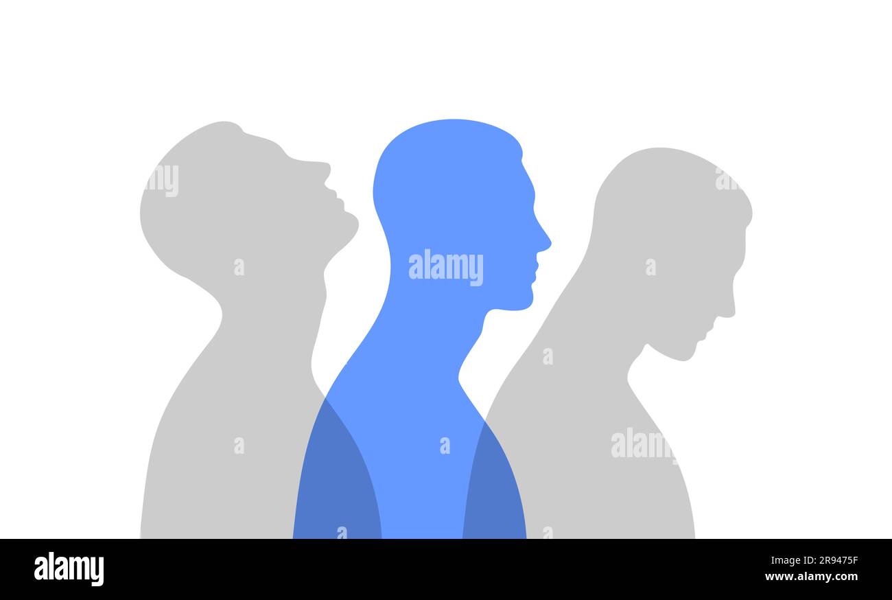 Silhouette masculine bleue de profil avec des projections transparentes grises. Concept de santé mentale. Dualité et émotions cachées Illustration de Vecteur