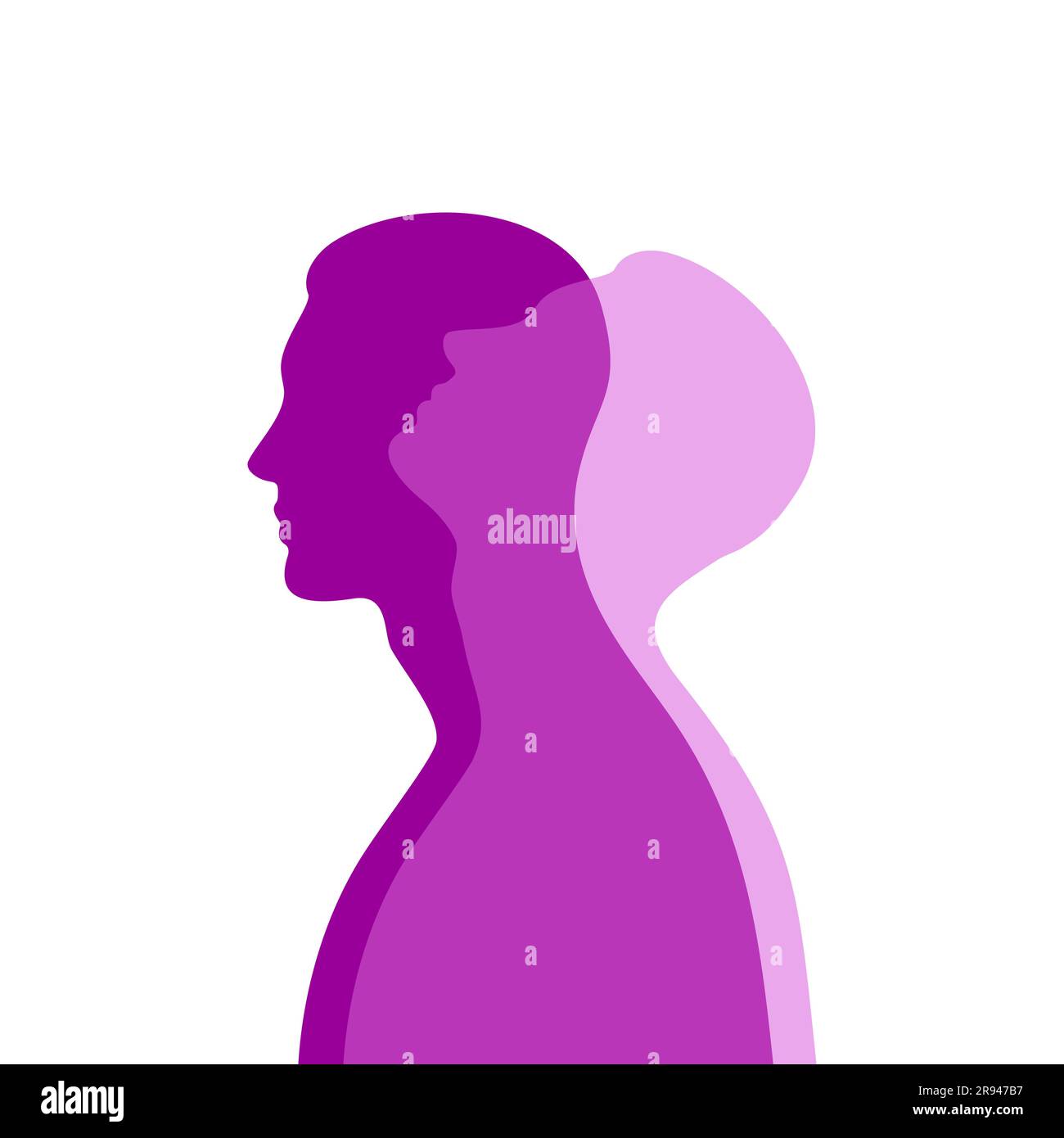 Silhouette masculine violette avec une projection translucide vers le haut. Concept de santé mentale. Dualité et émotions cachées. Illustration de Vecteur
