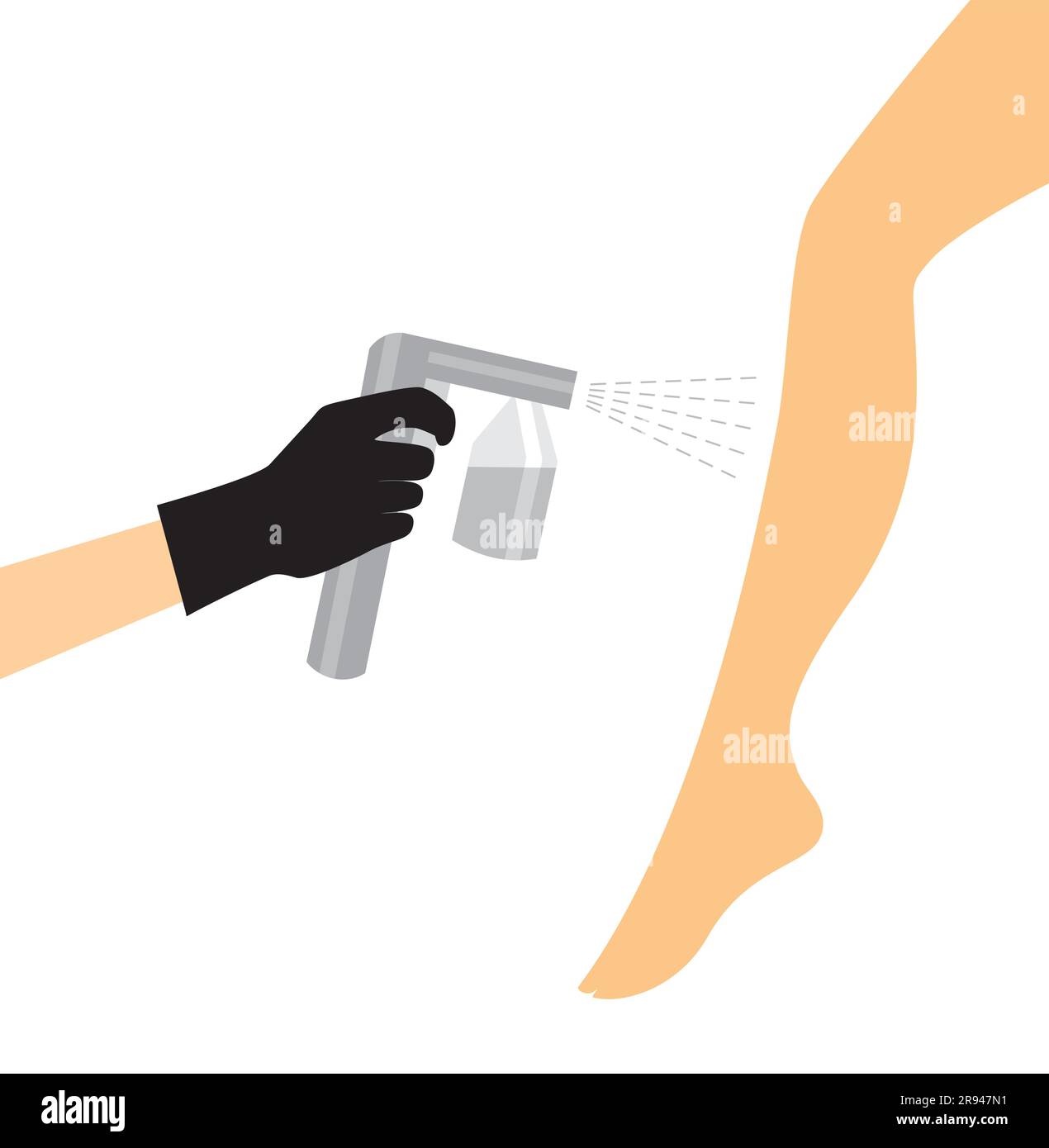 Main dans un gant noir avec une machine de bronzage spray grise vaporise le bronzage sur la jambe d'une femme. Illustration vectorielle de la procédure de bronzage automatique Illustration de Vecteur