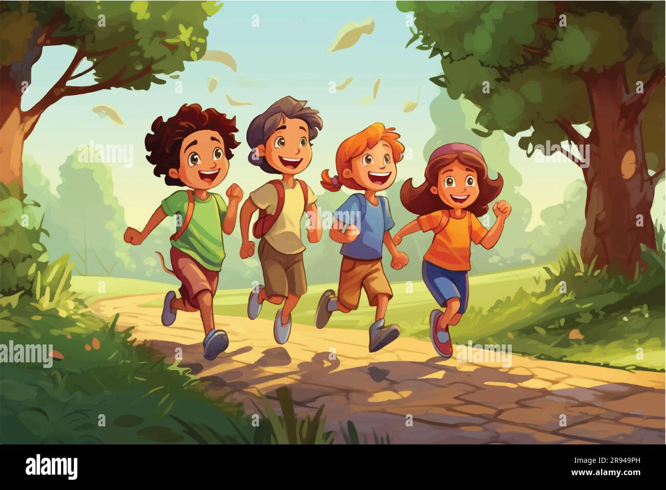 illustration vectorielle des enfants joyeux se précipitent sur un chemin Illustration de Vecteur