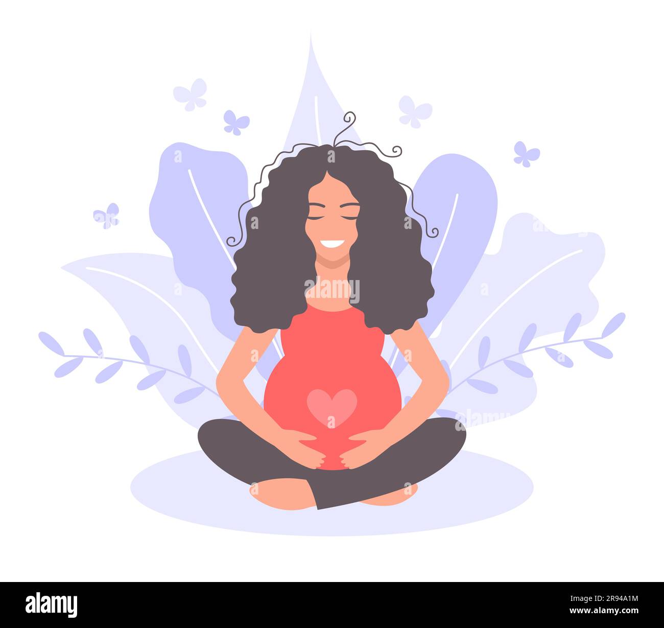 Belle femme enceinte avec les yeux fermés et un sourire méditant dans une position de lotus Illustration de Vecteur