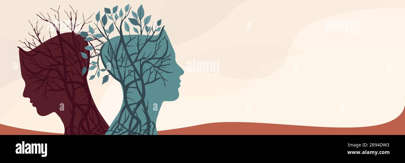 Métaphore trouble bipolaire mental.Double face avec cerveau de puzzle. Personnalité partagée.concept trouble de l'humeur.2 silhouette de la tête.Psychologie. Psychiatrie Illustration de Vecteur