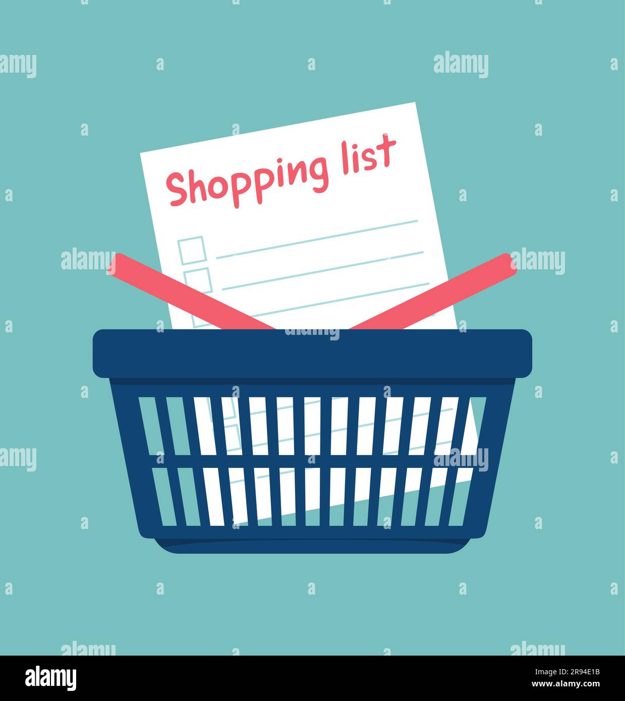 Liste d'achats dans un panier en plastique sur fond turquoise. Illustration vectorielle plate Illustration de Vecteur
