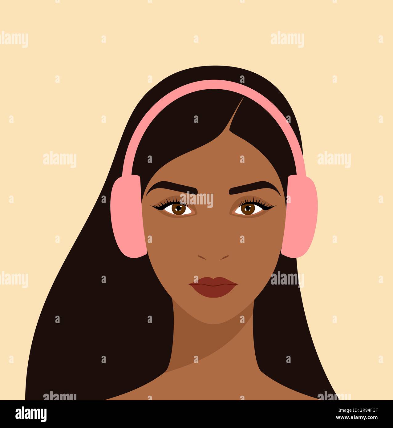 Portrait d'une jeune femme belle avec de longs cheveux bruns et dans des écouteurs roses Illustration de Vecteur