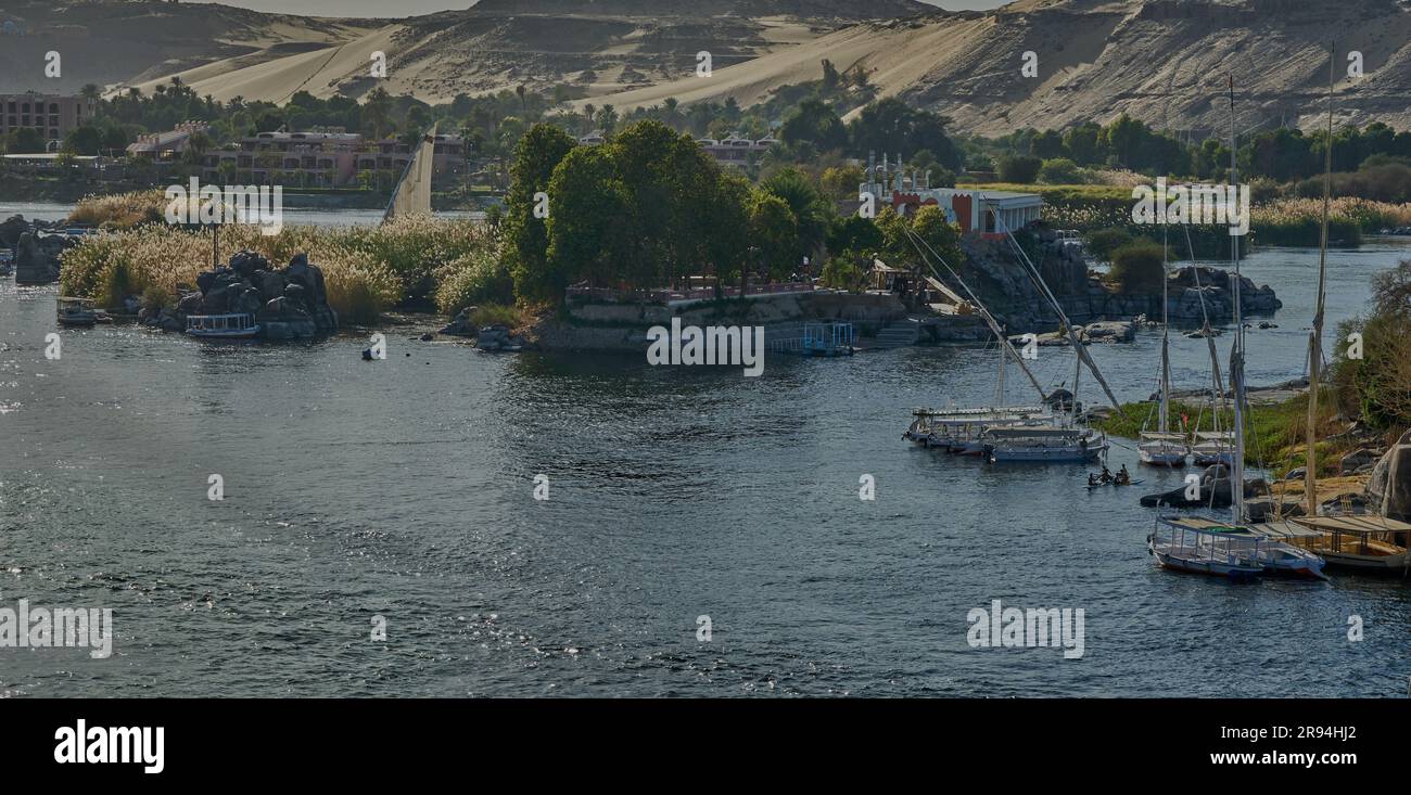 Fleuve du Nil à Assouan, Égypte photo de l'après-midi montrant la vue du jardin botanique d'Assouan avec des feluccas et des bateaux dans le fleuve Banque D'Images