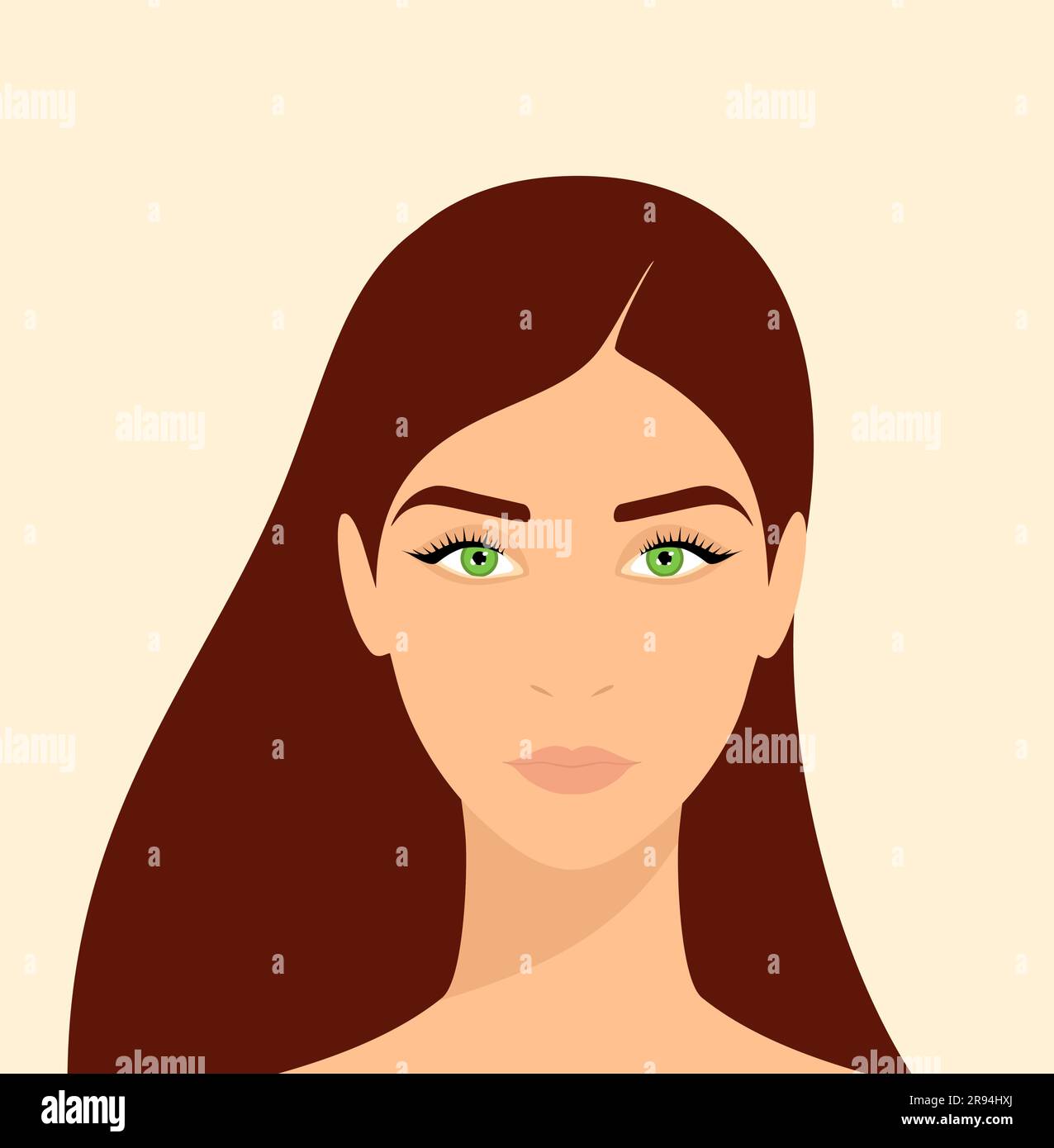 Portrait d'une jeune belle femme aux longs cheveux bruns et aux yeux verts Illustration de Vecteur