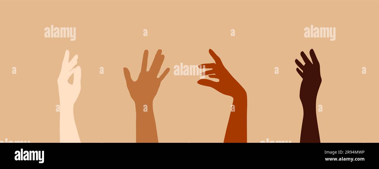 Quatre mains femelles surélevées de différentes couleurs de peau sur un fond beige. Le concept de l'amitié des femmes et le mouvement pour les droits des femmes. Vecteur Illustration de Vecteur