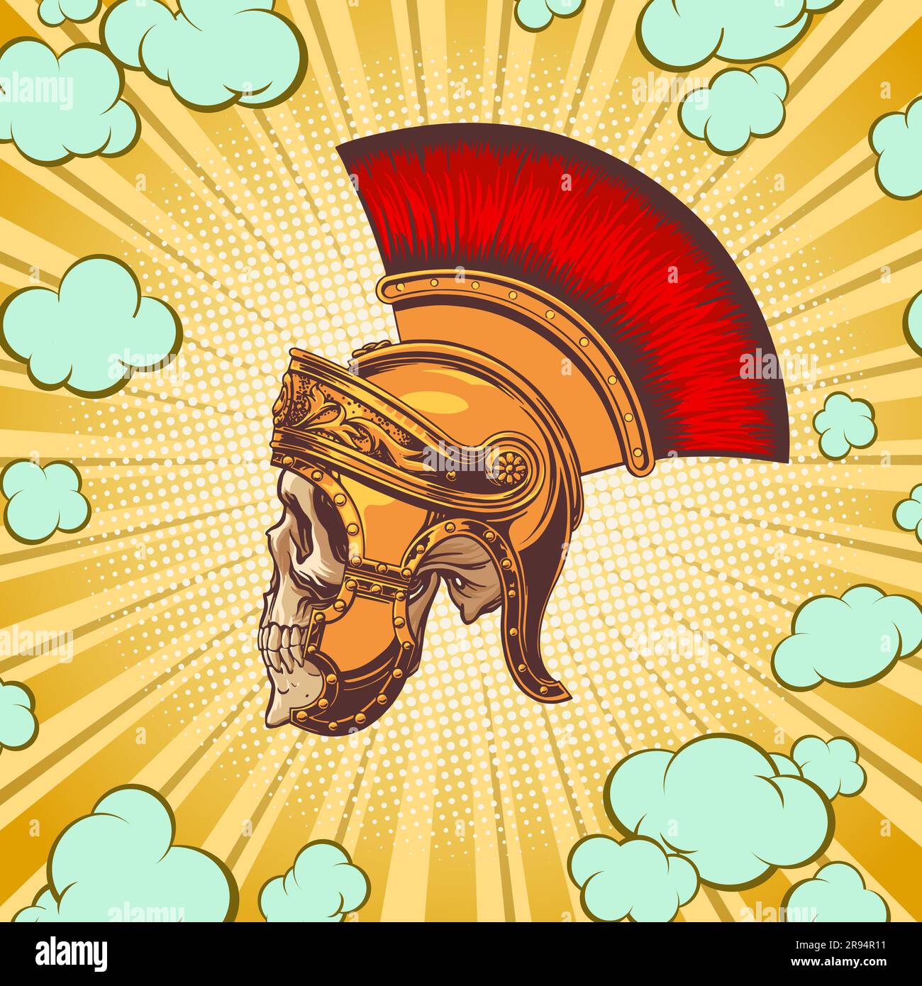 Concept avec un crâne dans un casque gladiateur de style pop art pour l'impression et le design. Illustration vectorielle. Illustration de Vecteur