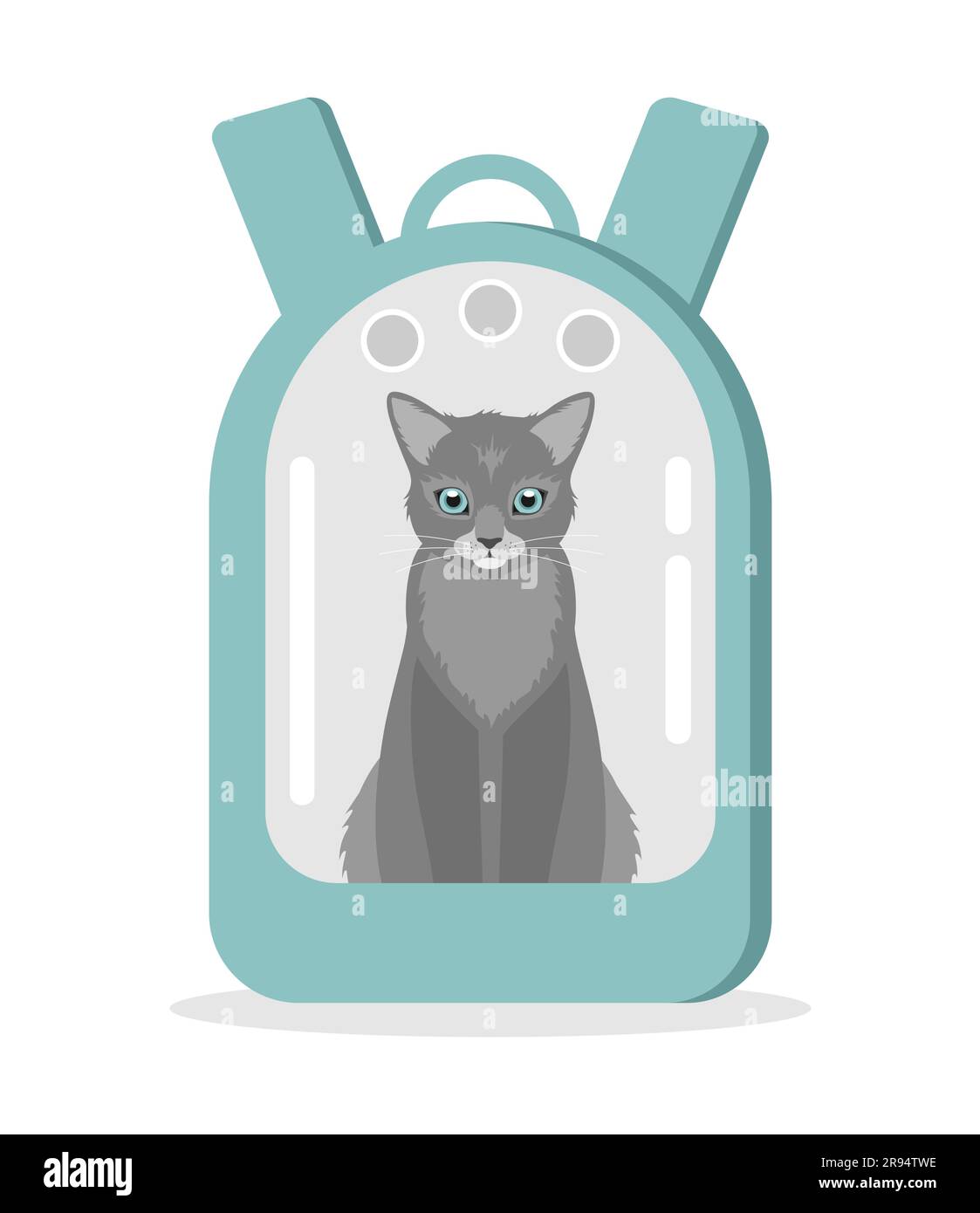 Un chat gris assis dans un sac à dos de transport bleu avec une fenêtre transparente sur un fond blanc. Illustration vectorielle plate Illustration de Vecteur