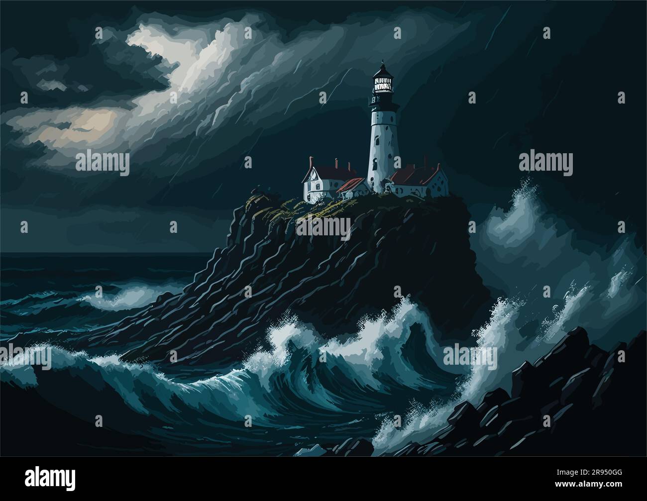 image de style peinture à l'huile d'une plage tranquille au crépuscule, avec un phare seul debout contre le ciel sombre. Capturez la chaleur et l'or Illustration de Vecteur