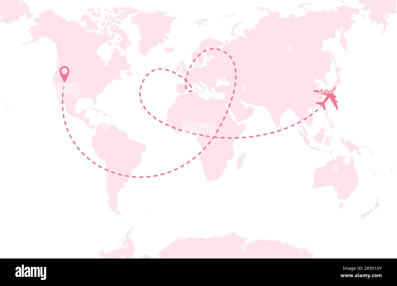 Un avion rose survolant une carte du monde rose. Ligne d'itinéraire en pointillés sous forme de cœur. Illustration vectorielle Illustration de Vecteur