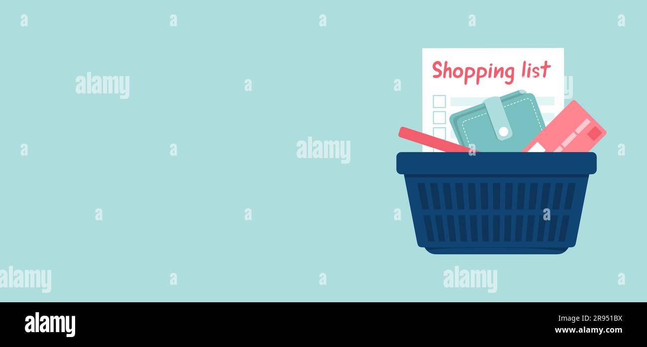 Liste d'achats, porte-monnaie et carte de crédit dans le panier de supermarché sur fond turquoise avec espace de copie. Illustration vectorielle plate Illustration de Vecteur