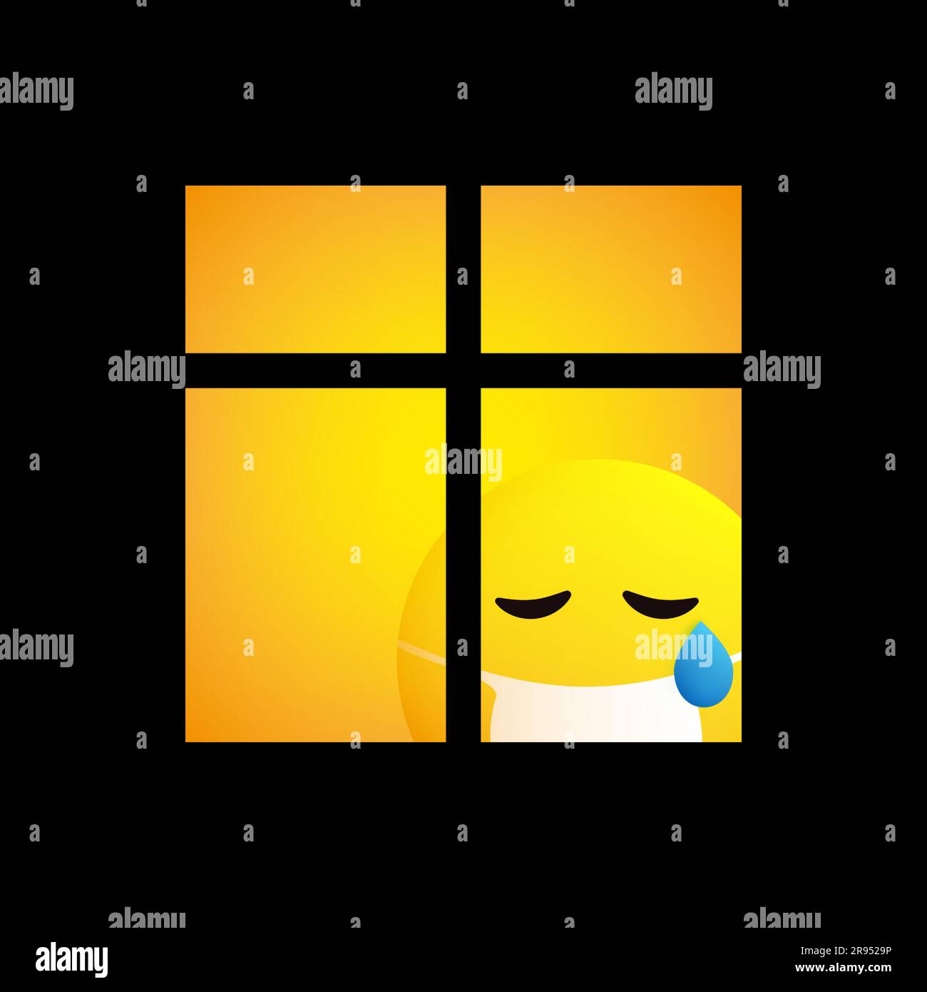 Sad Sick Emoticon regarde à travers la fenêtre - Home Quarantine - Vector Design sur fond jaune Illustration de Vecteur