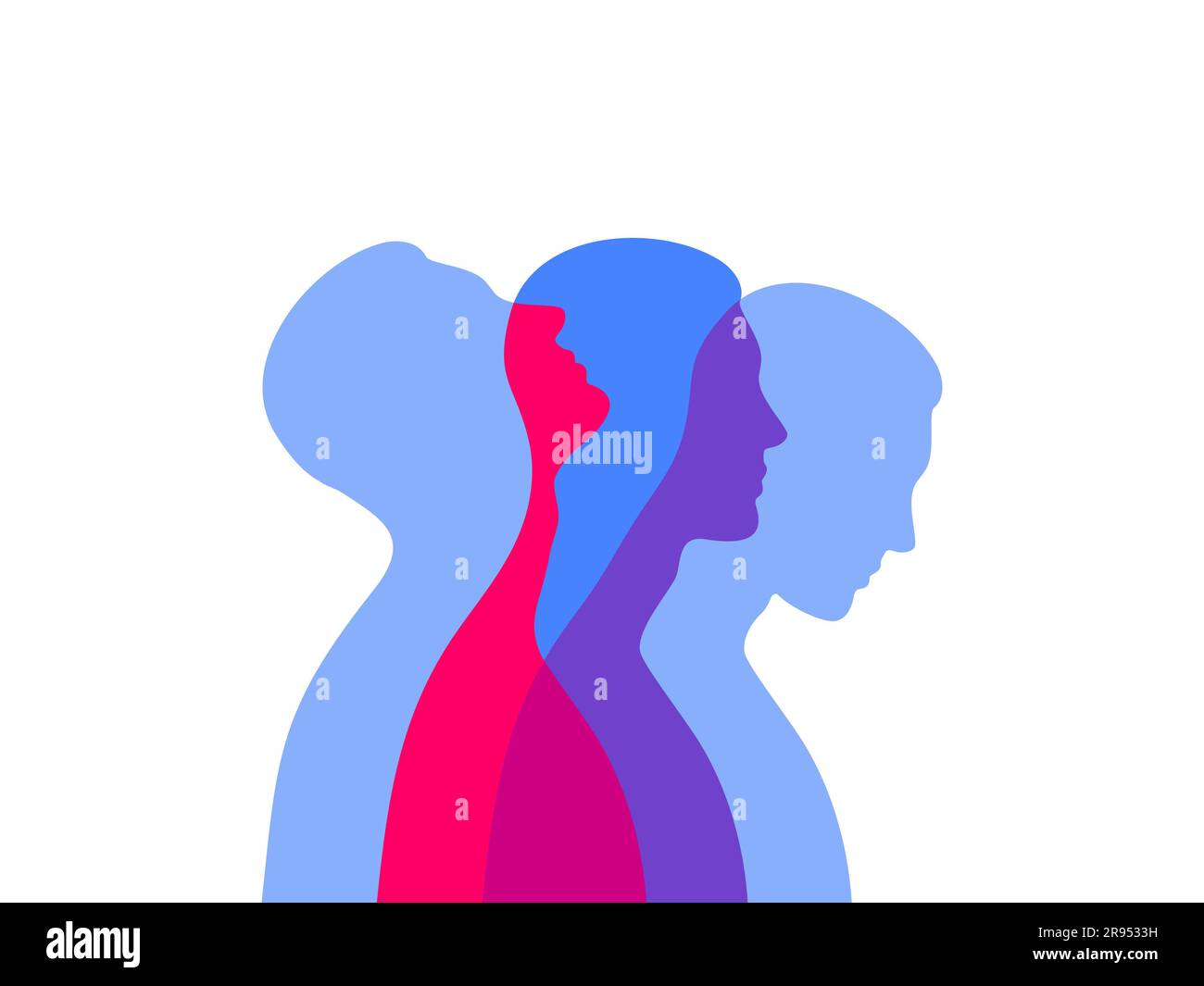 Silhouette masculine multicolore en profil avec une projection. Concept de santé mentale. Dualité et émotions cachées Illustration de Vecteur