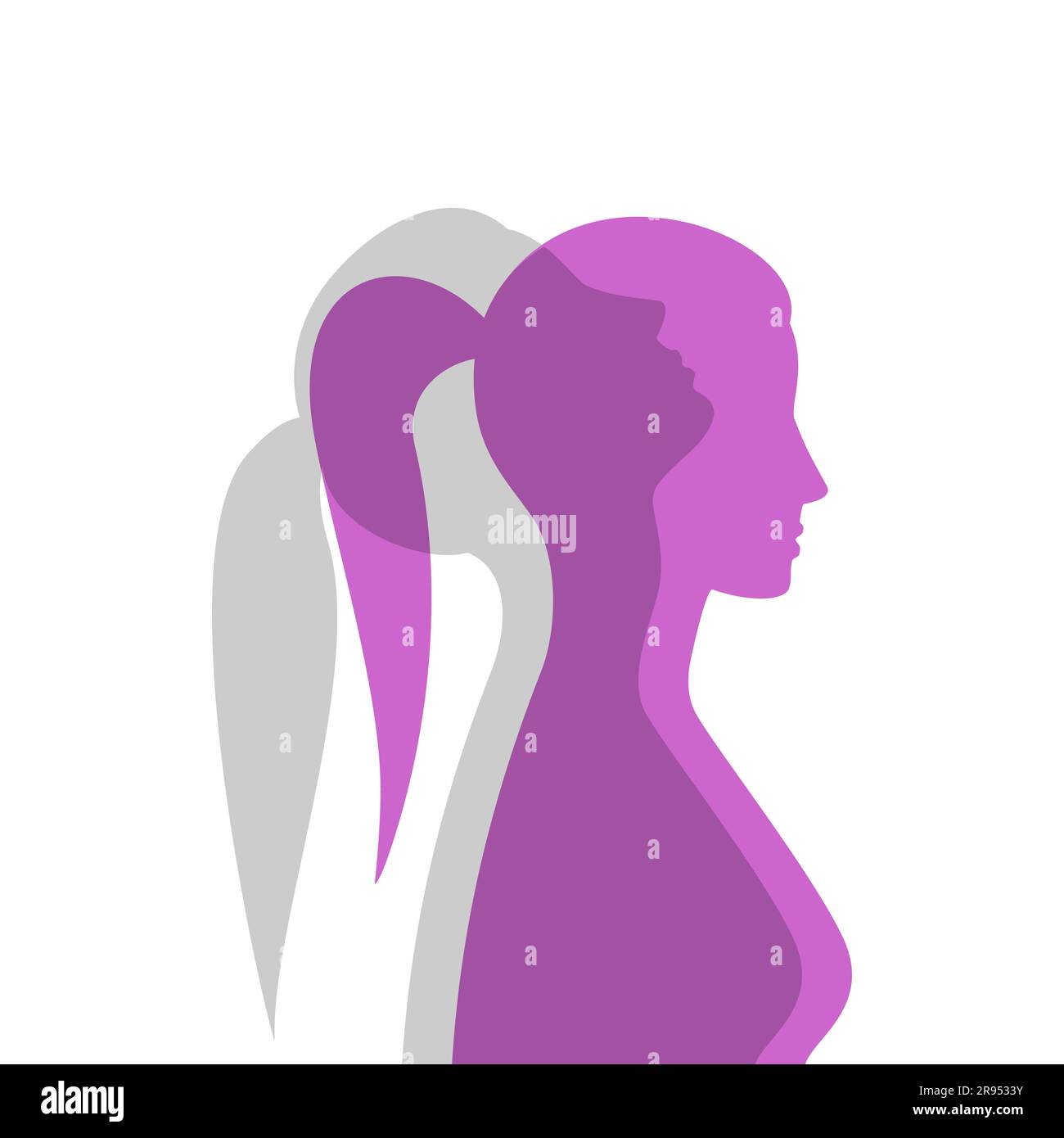 Silhouette féminine violette avec une projection gris translucide vers le haut. Concept de santé mentale. Dualité et émotions cachées Illustration de Vecteur