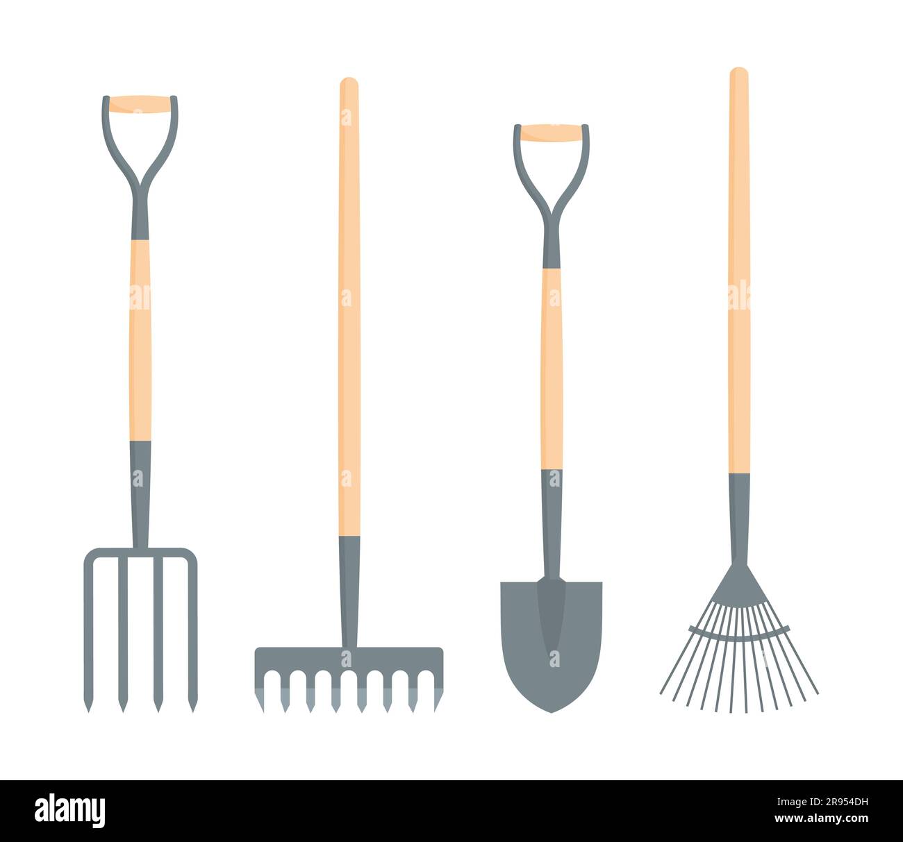 Un ensemble d'outils de jardin. Pelle de creusement, fourche de creusement, râteau à lames et râteau à terre isolés sur un fond blanc. Illustration vectorielle de style plat Illustration de Vecteur