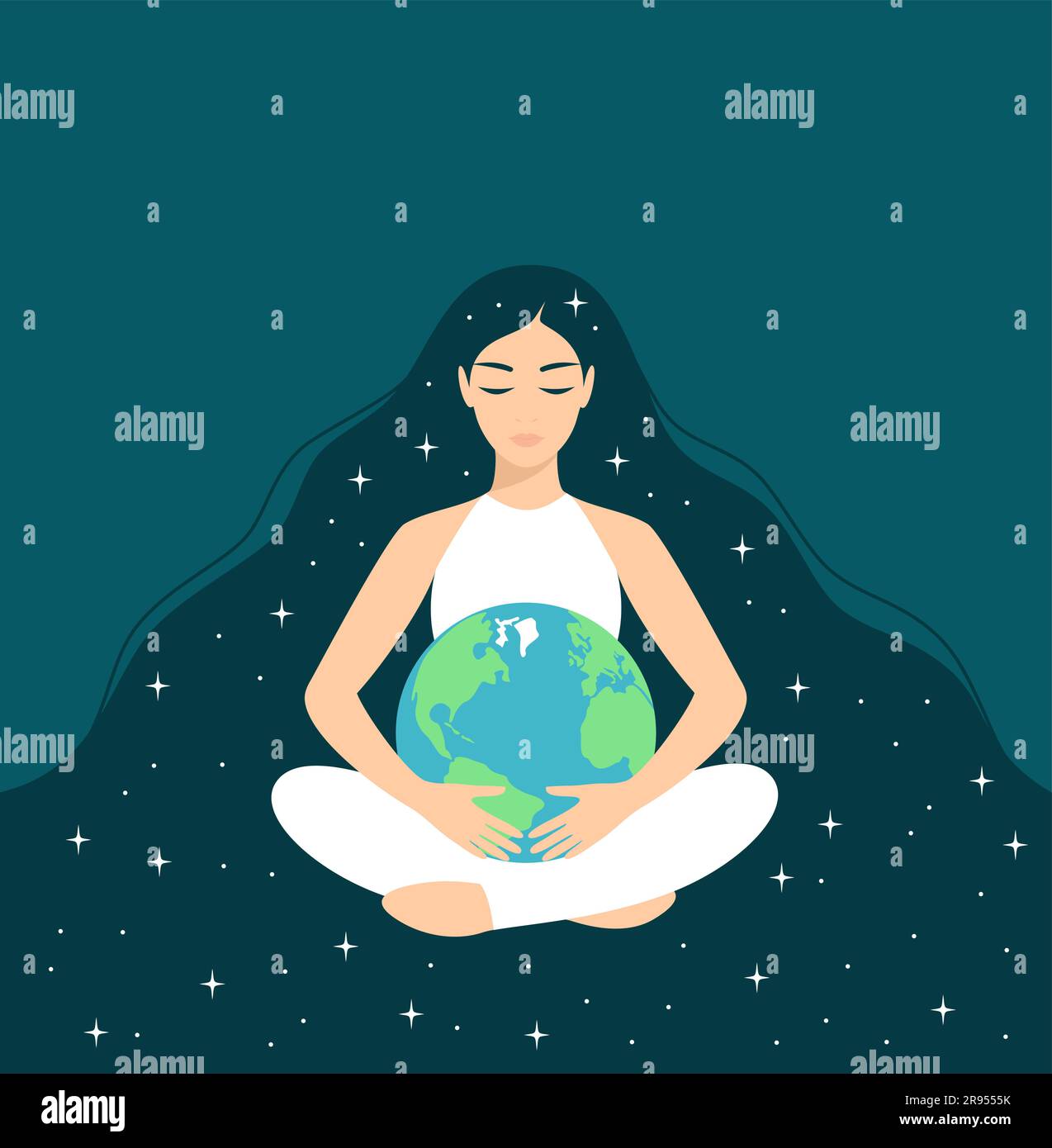 Jeune femme aux longs cheveux étoilés et aux yeux fermés, assise en position lotus et embrassant la planète Terre. Soins et protection de l'environnement. vec plat Illustration de Vecteur