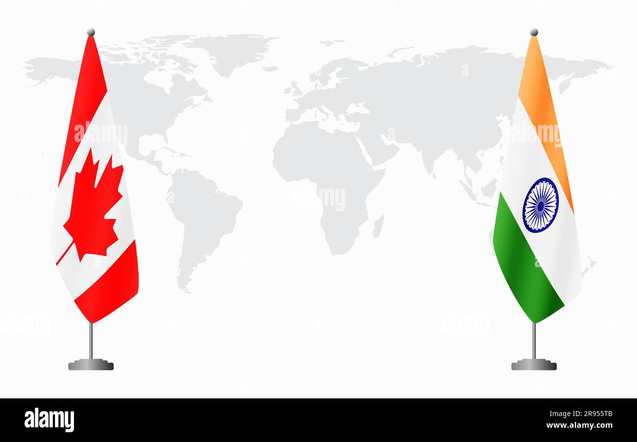 Drapeaux du Canada et de l'Inde pour une réunion officielle sur fond de carte du monde. Illustration de Vecteur