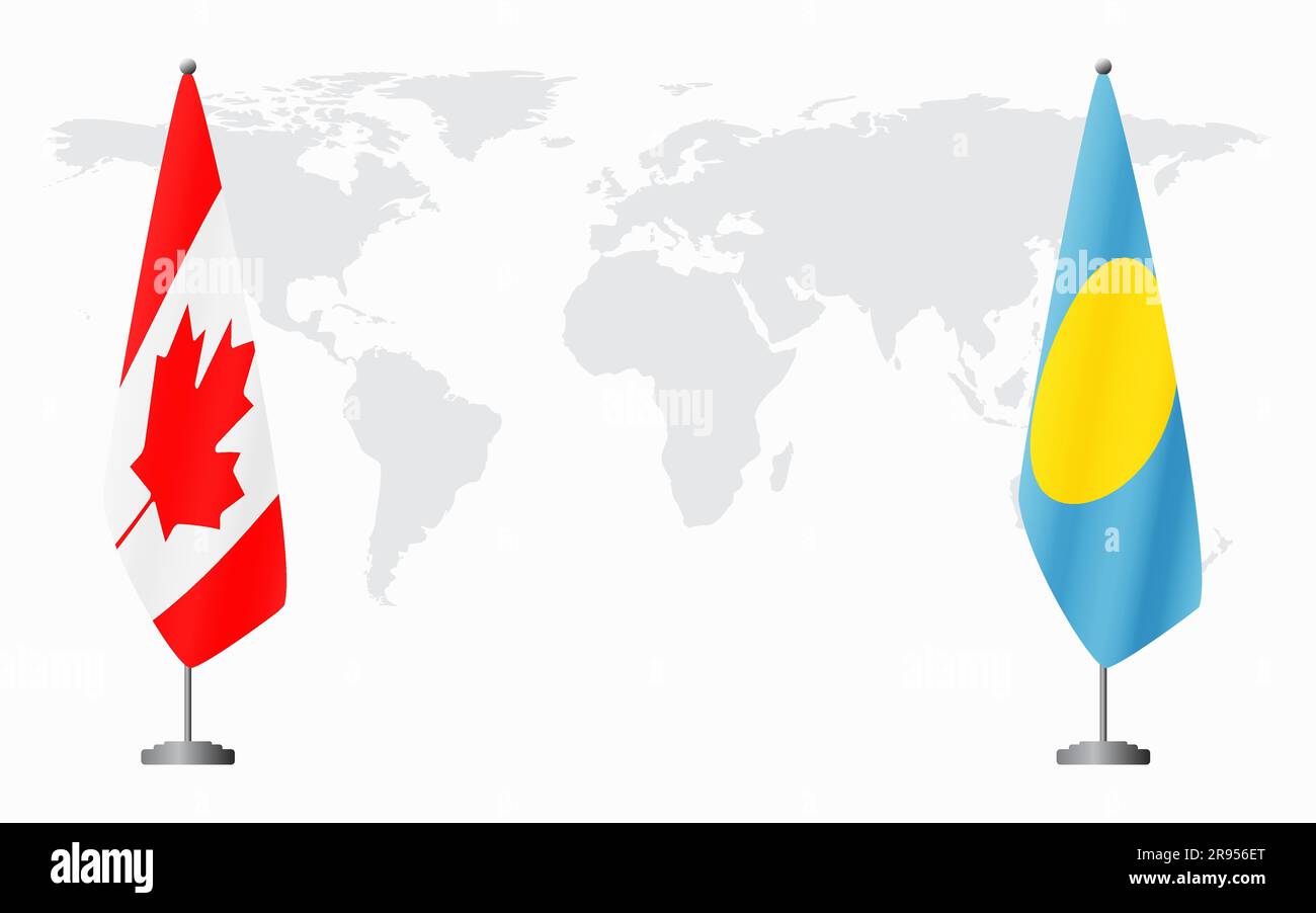 Drapeaux du Canada et des Palaos pour une réunion officielle sur fond de carte du monde. Illustration de Vecteur