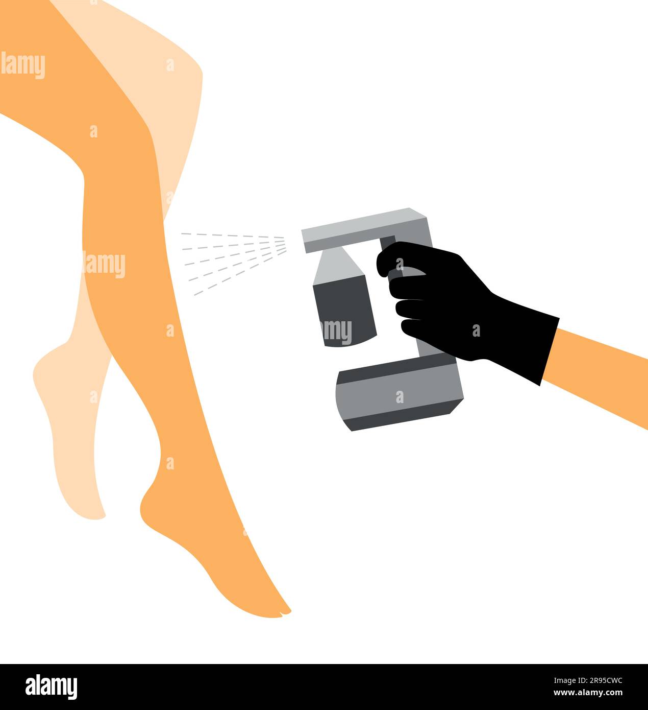 Main dans un gant noir avec une machine de bronzage spray grise vaporise le bronzage sur la jambe d'une femme. Illustration vectorielle de la procédure de bronzage automatique Illustration de Vecteur
