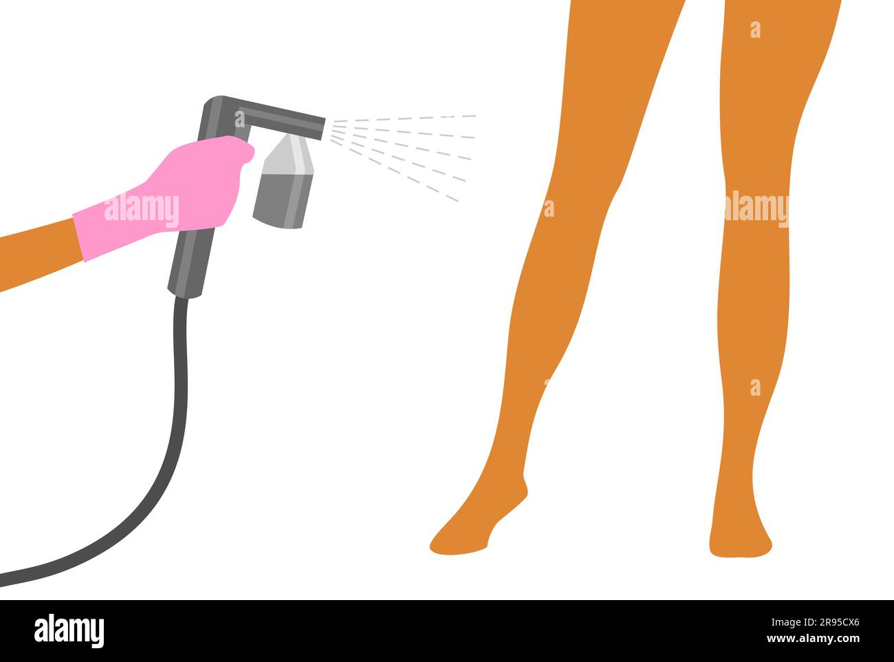 Main dans un gant rose avec une machine de bronzage spray gris vaporise le bronzage sur les jambes d'une femme. Illustration vectorielle de la procédure de bronzage automatique Illustration de Vecteur