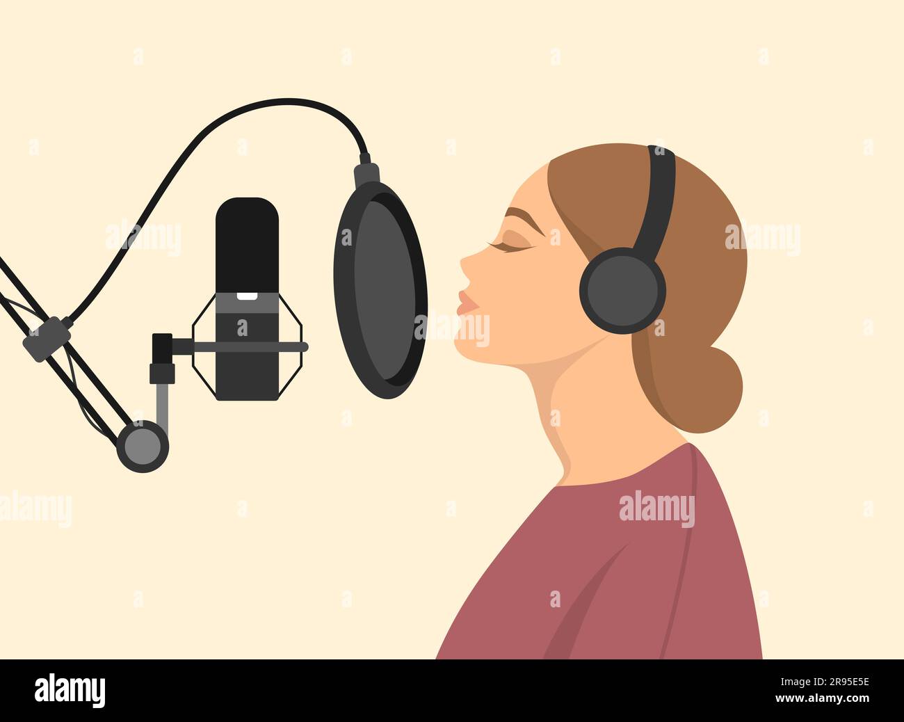 Une jeune choriste dans un casque chantant dans le microphone du studio. Processus d'enregistrement de morceau. Illustration du vecteur FRST Illustration de Vecteur
