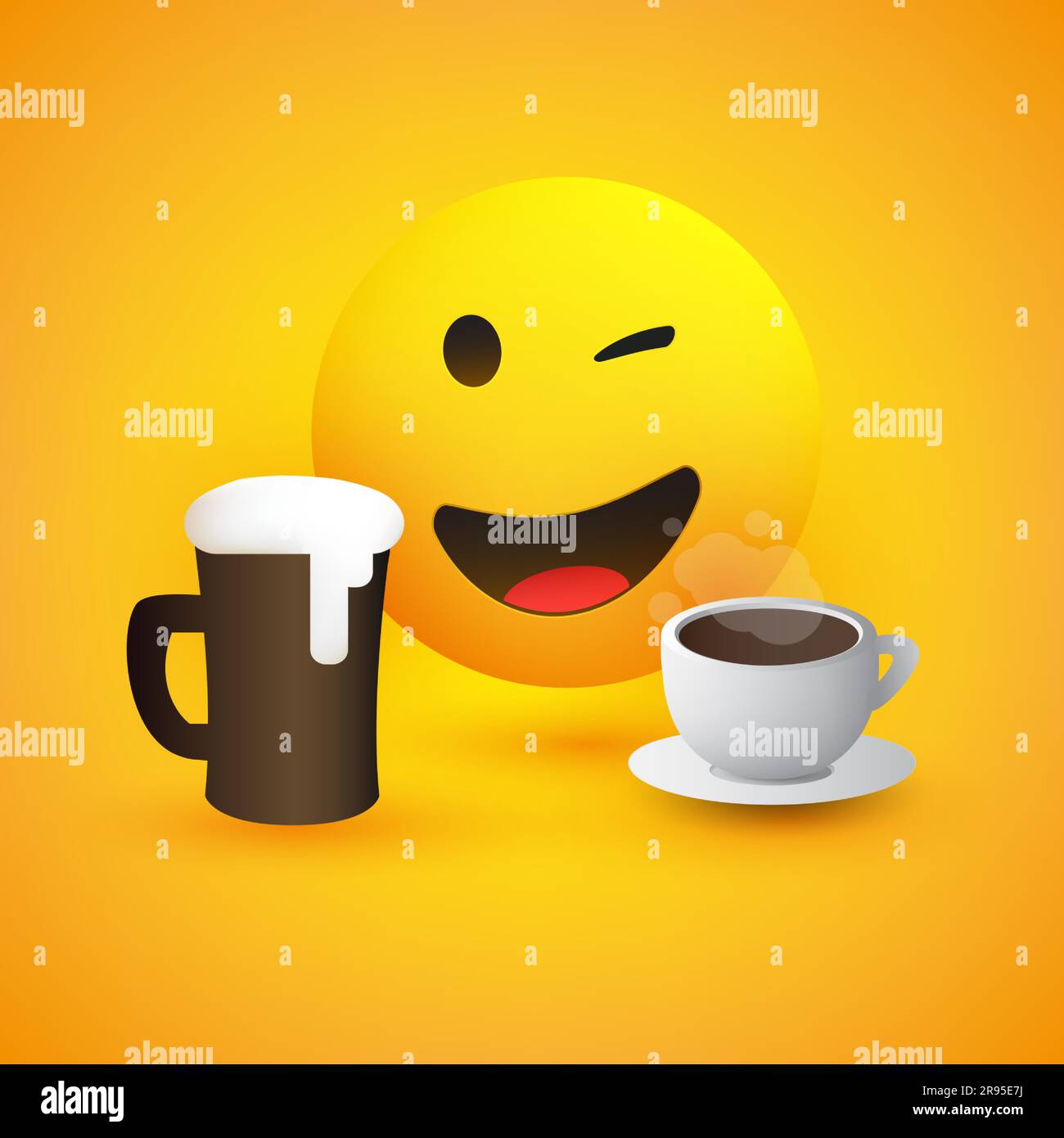 Bière et café - Emoticon souriant et encreur - Emoticon heureux brillant  simple avec mug à bière et tasse à café sur fond jaune - Vector Design  Image Vectorielle Stock - Alamy
