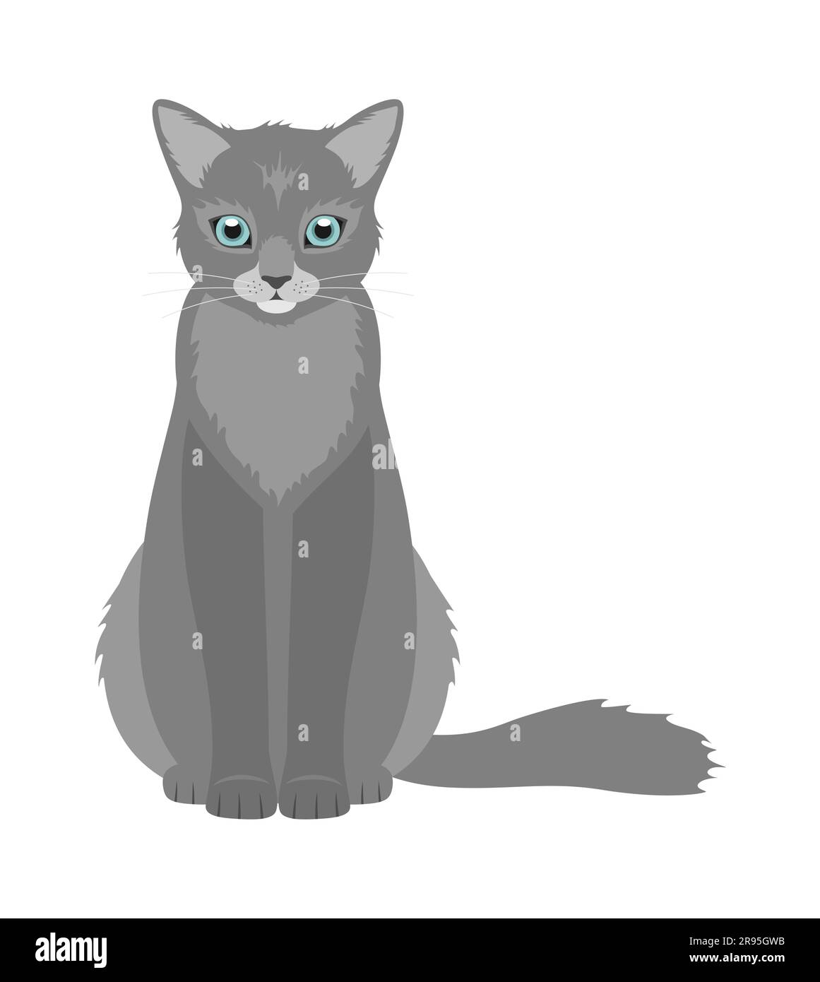 Un chat gris avec des yeux bleus assis isolés sur un fond blanc. Illustration vectorielle plate Illustration de Vecteur