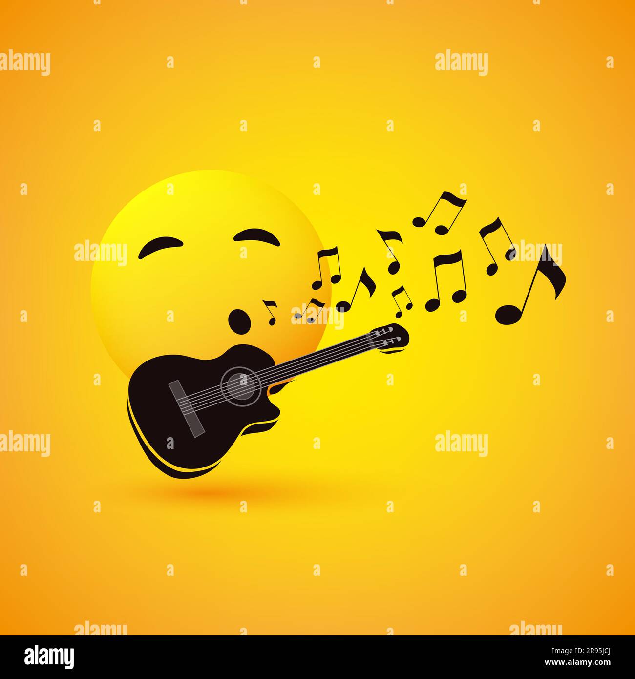 Chant ou sifflement Emoticon, visage aux yeux souriants et Guitare sur fond jaune - Vector Design Illustration de Vecteur
