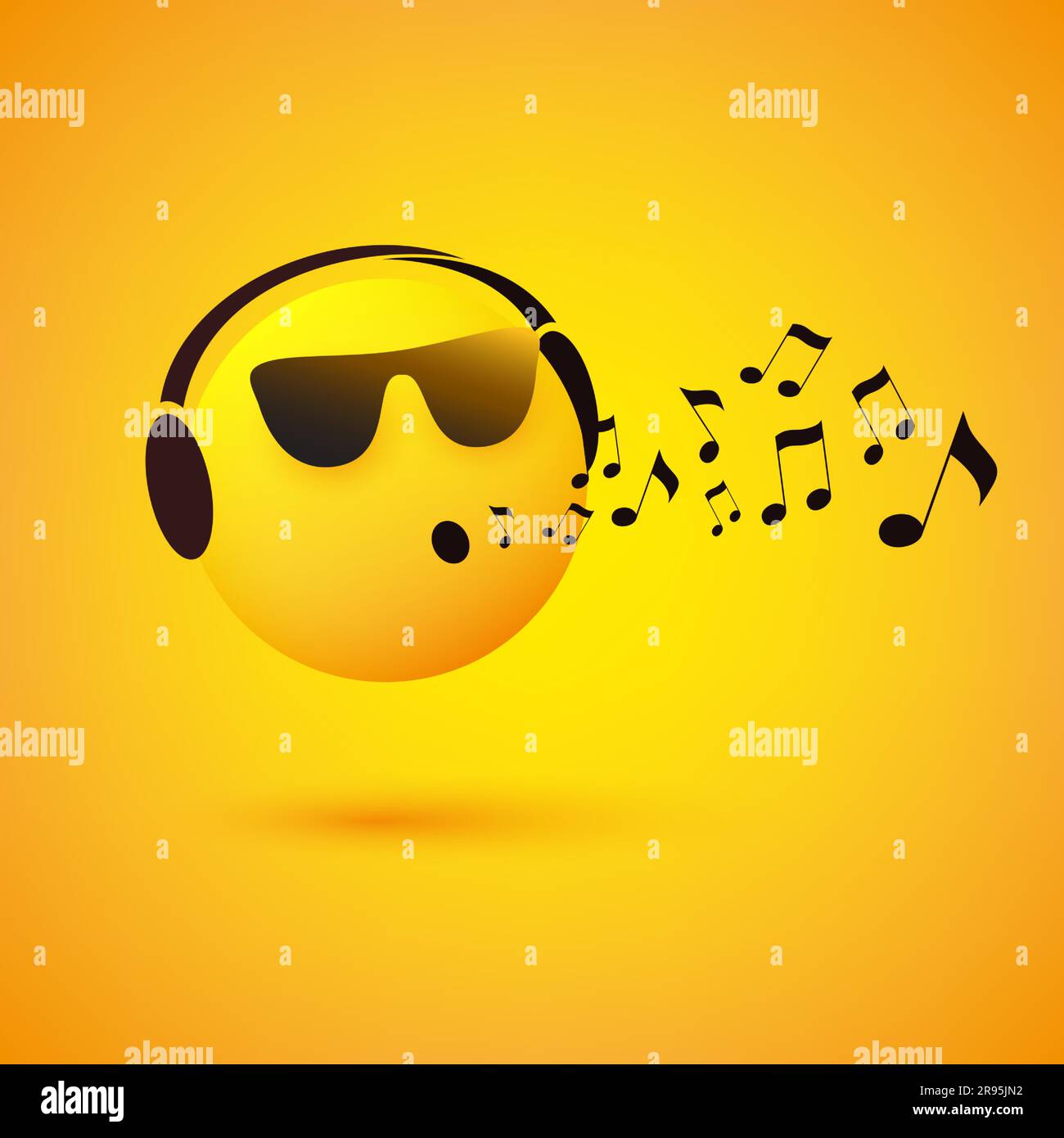 Chant ou sifflement Emoticon, visage avec lunettes de soleil et casque sur fond jaune - concept Vector Design Illustration de Vecteur
