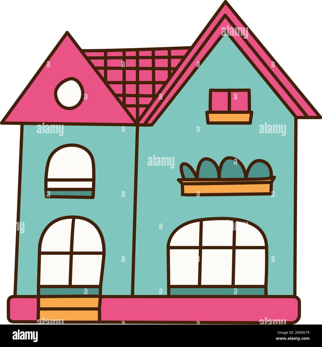 Maison individuelle de couleur bleue avec jardin. Illustration vectorielle  d'esquisse de dessin animé, couleur de style de marqueur Image Vectorielle  Stock - Alamy
