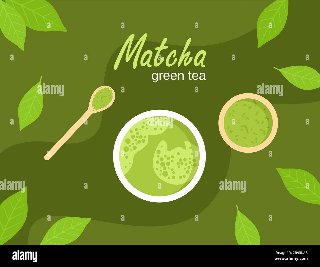 Thé vert japonais matcha dans une tasse, poudre dans une soucoupe, cuillère en bambou et feuilles éparses sur fond vert. Vue de dessus Illustration de Vecteur