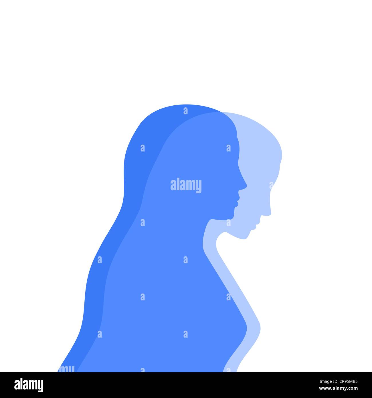 Silhouette féminine bleue avec projection translucide. Concept de santé mentale. Dualité et émotions cachées Illustration de Vecteur