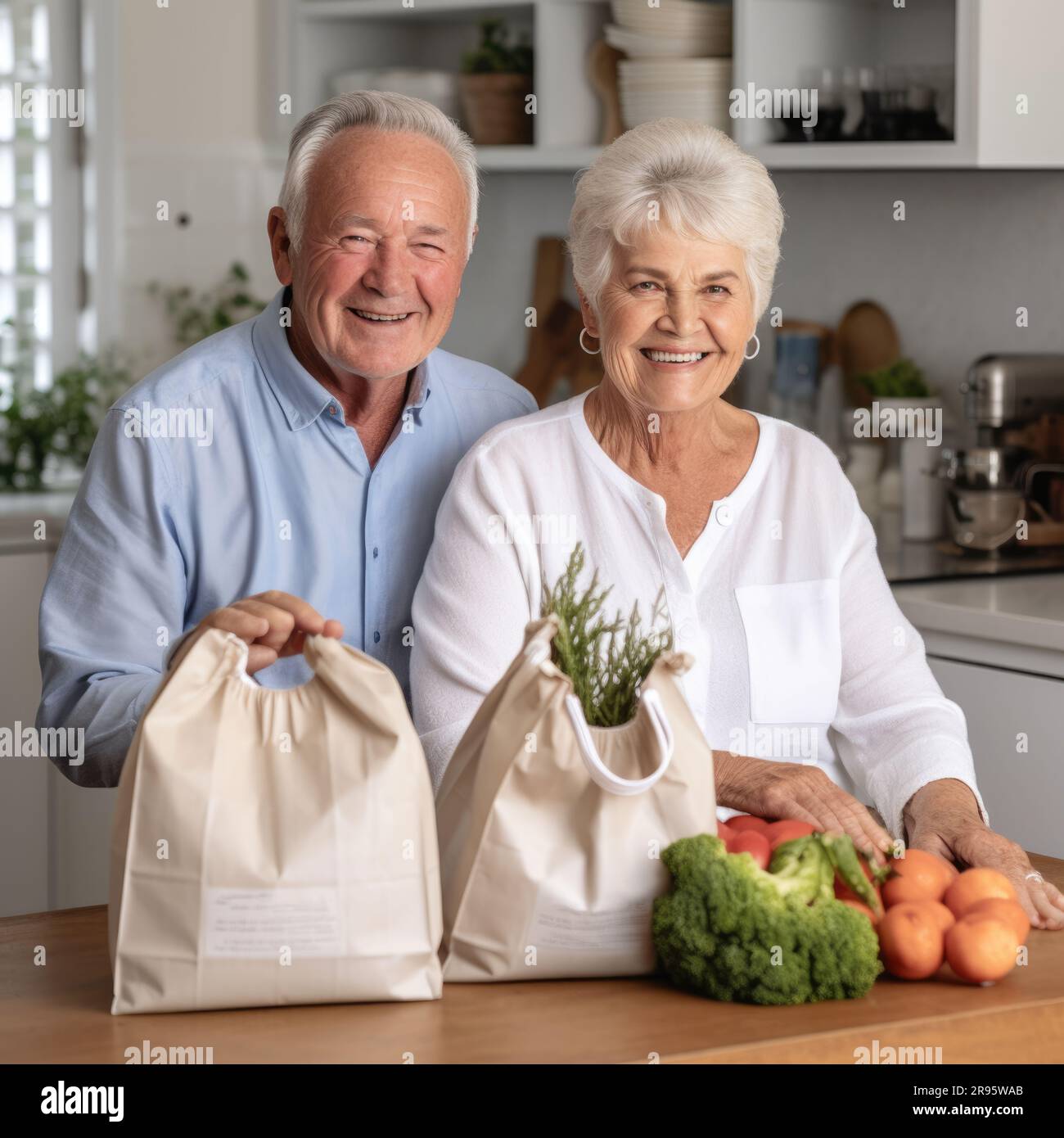 Grand-mère souriante et grand-père tenant un sac d'épicerie à la maison  Photo Stock - Alamy