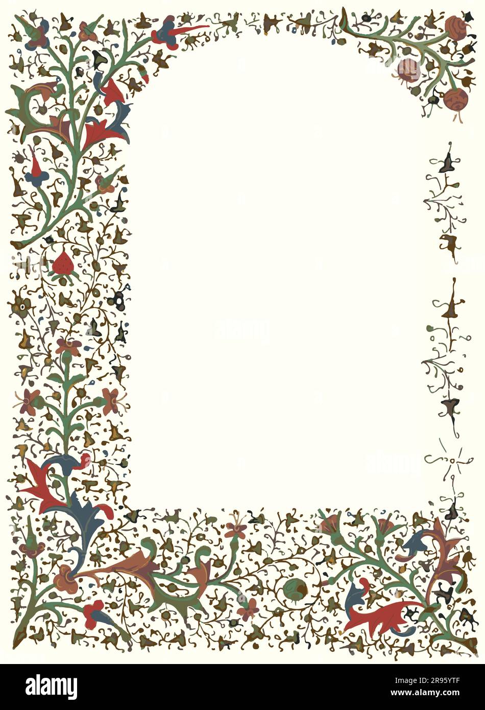 Bordure fleurie manuscrite éclairée, vignes et feuilles Illustration de Vecteur