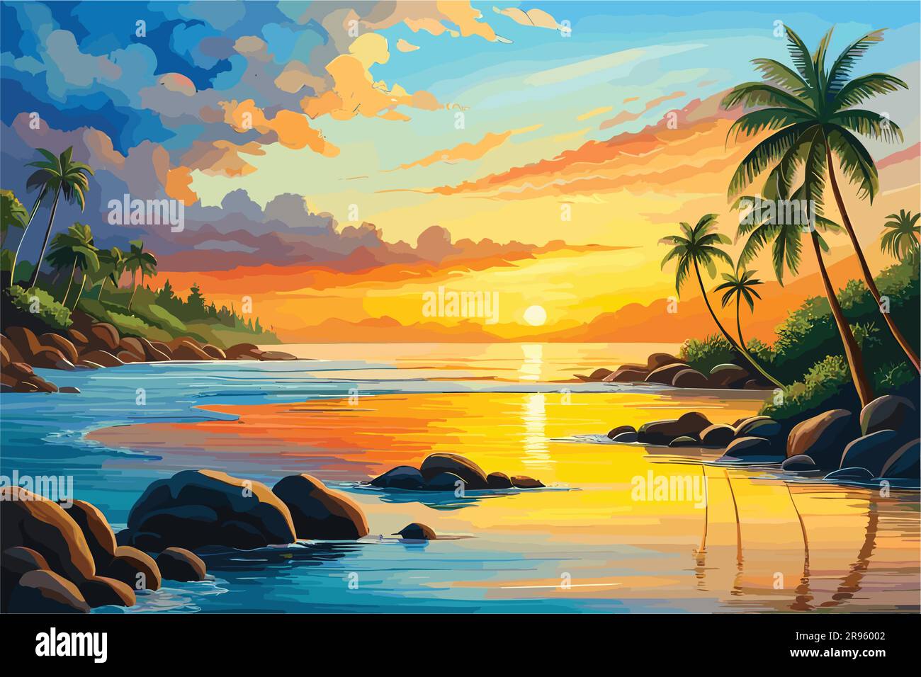 Coucher De Soleil Sur La Plage Avec Peinture De Palmiers