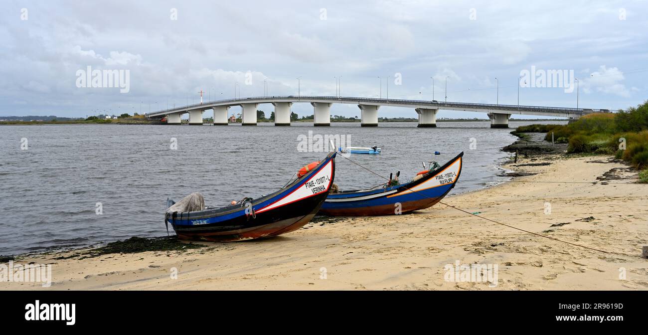 Petits bateaux de pêche le long de la rive de la lagune d'Aveiro avec pont Ponte da Varela en arrière-plan, Portugal Banque D'Images