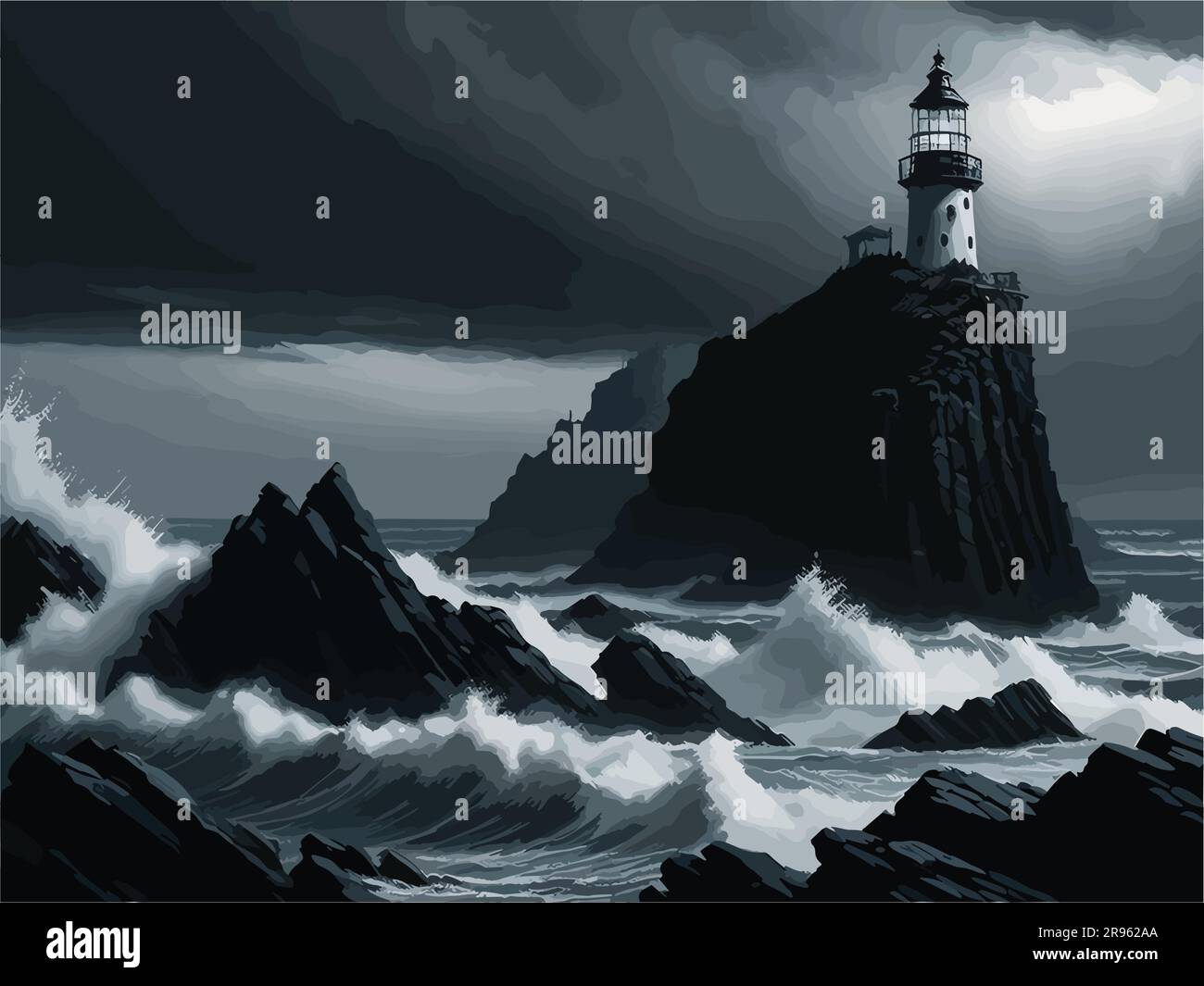 image de style peinture à l'huile d'une plage tranquille au crépuscule, avec un phare seul debout contre le ciel sombre. Capturez la chaleur et l'or Illustration de Vecteur