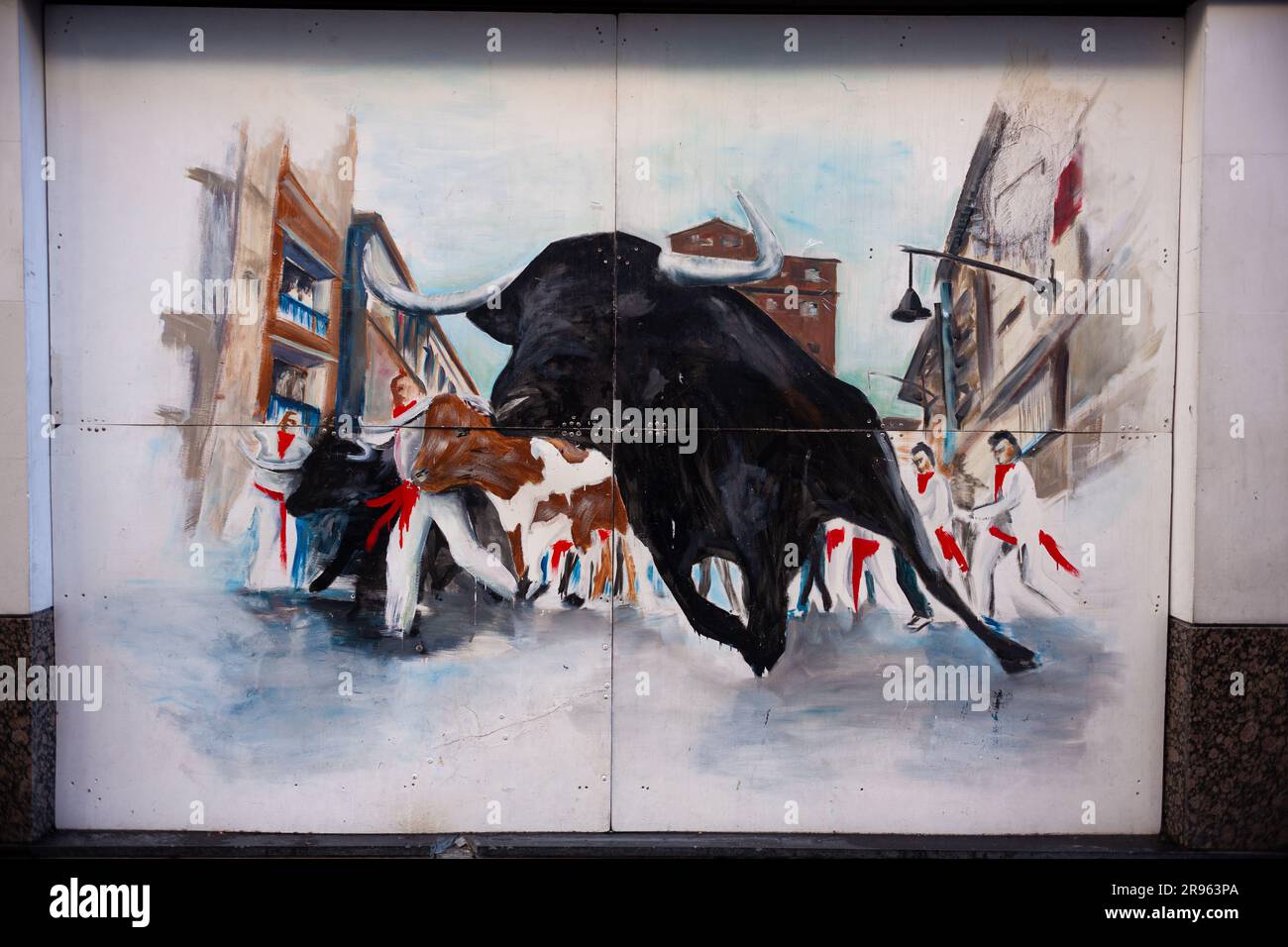 Pampelune, Espagne - juillet 31 : peinture représentant un taureau lors du festival San Fermin à Pampelune Banque D'Images