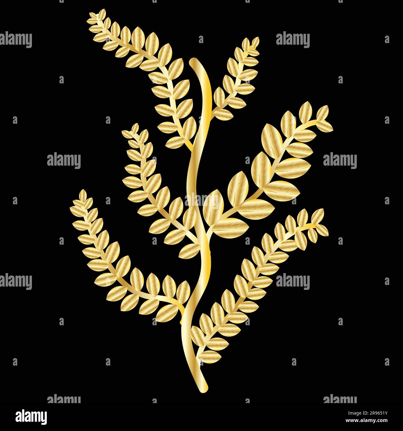 Motif floral décoratif en feuilles avec branches en dégradé doré haut de gamme art vectoriel symétrique Illustration de Vecteur