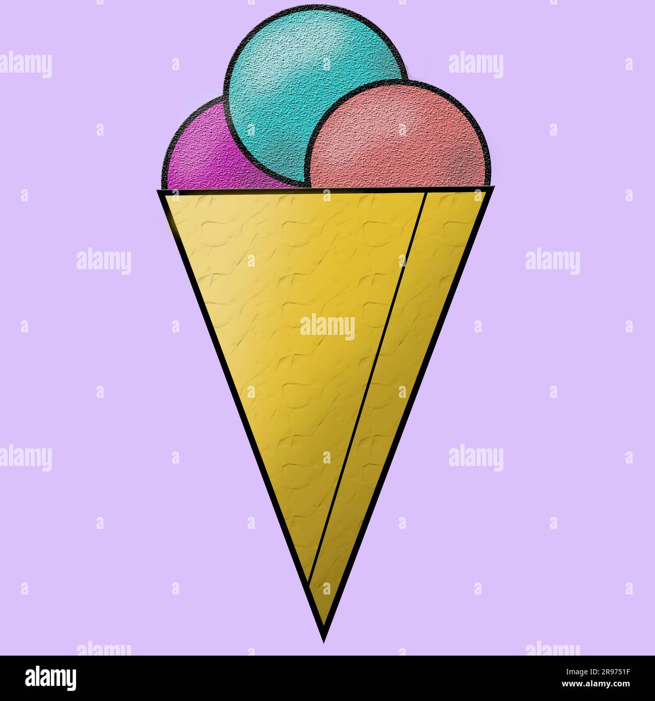 sur fond violet d'un cône de crème glacée avec trois boules multicolores. Banque D'Images