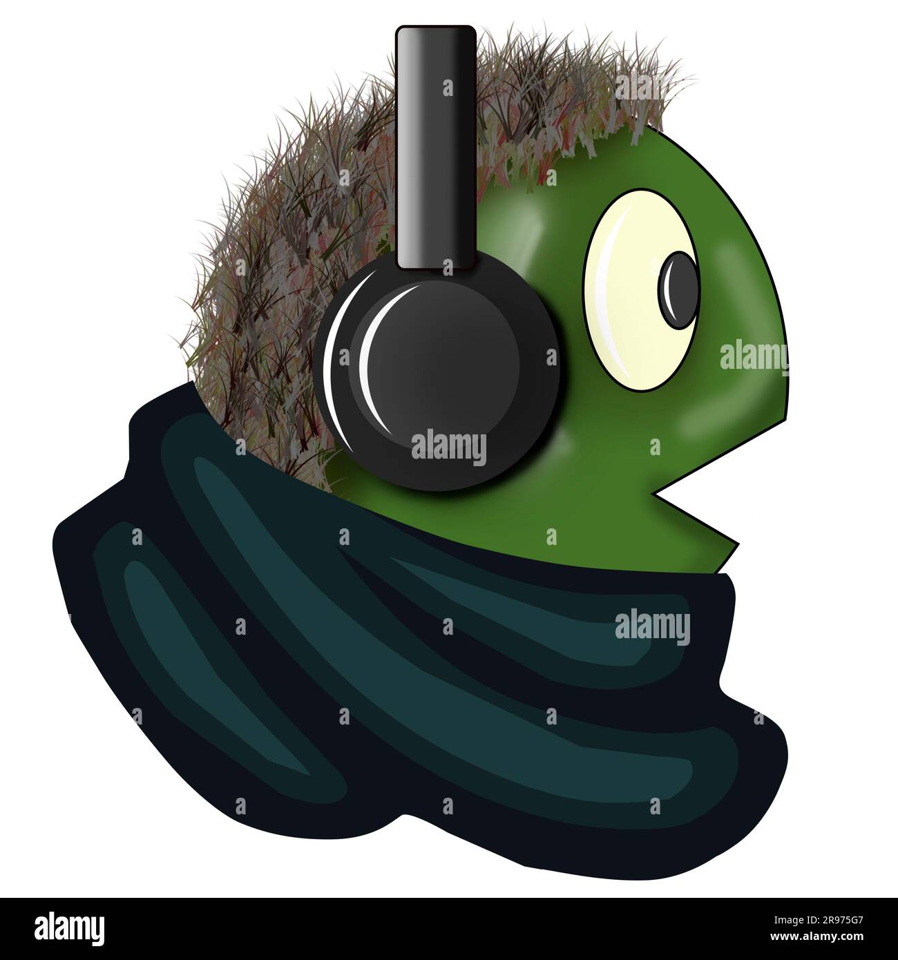 Grenouille verte avec cheveux dans le casque et une écharpe sur un fond blanc isolat Banque D'Images