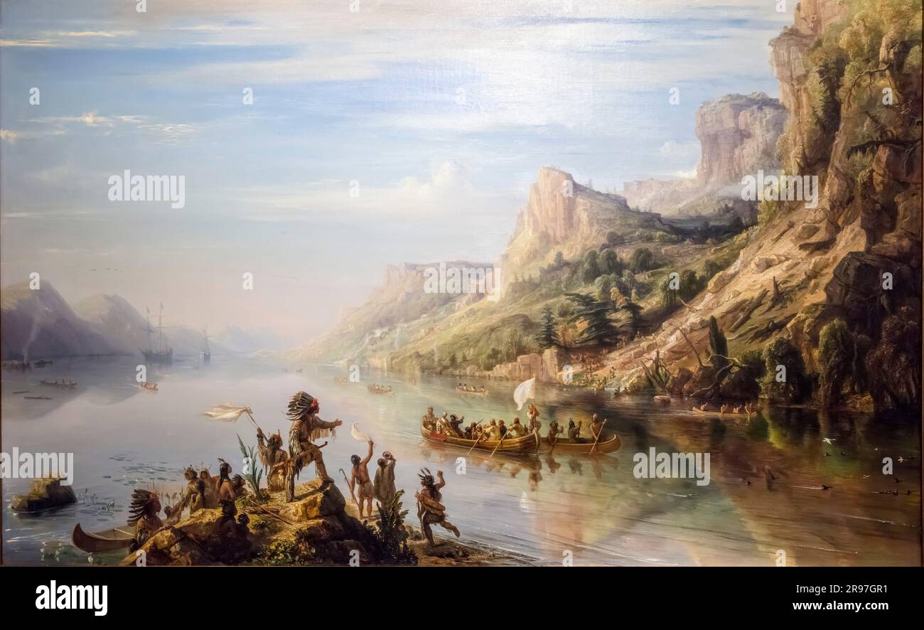 Jaques Cartier découvre le fleuve Saint-Laurent 1535 huile sur toile peinture par J. A. Theodore Gudin au Musée du Louvre, Abu Dhabi, eau Banque D'Images