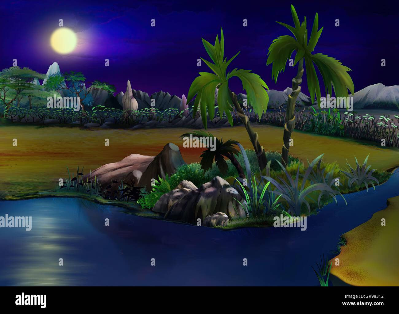 Palmiers près d'une petite rivière dans l'oasis de la savane africaine ...