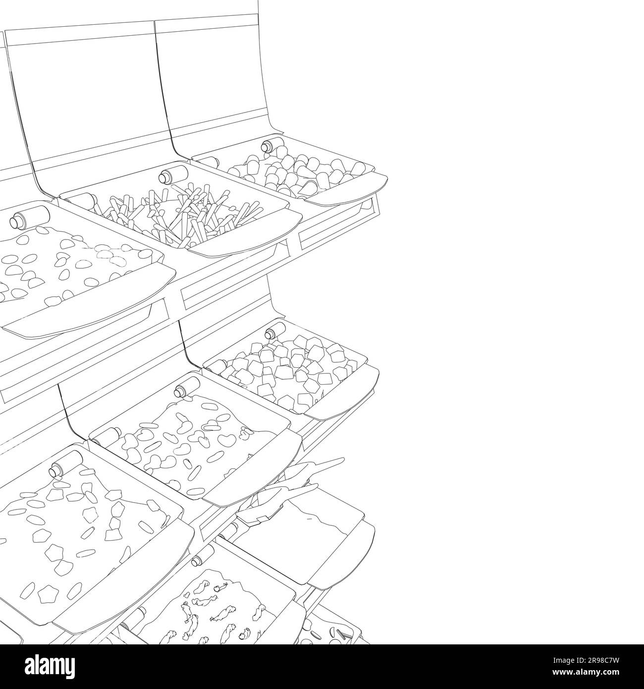 Présentez le comptoir du marché de l'épicerie, la vitrine du supermarché et le comptoir de caisse. Illustration vectorielle des chariots et des étagères de marchandises des clients des épiceries. Sup Illustration de Vecteur