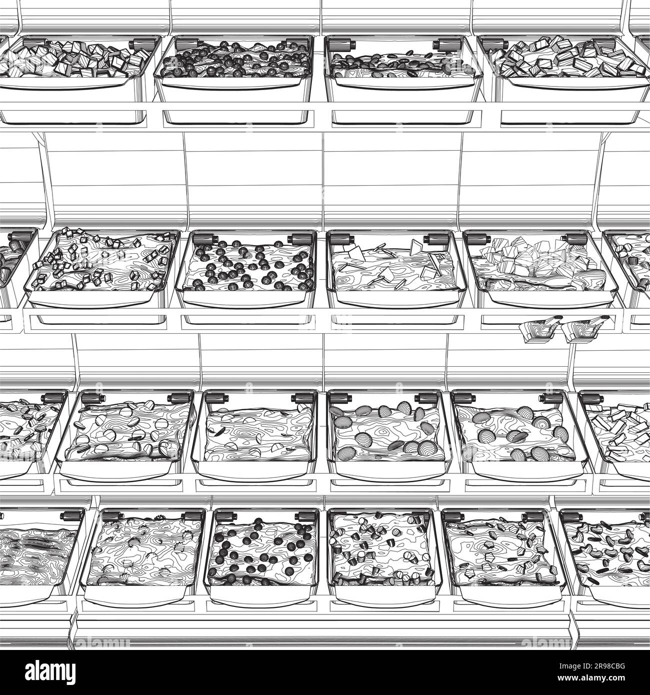 Présentez le comptoir du marché de l'épicerie, la vitrine du supermarché et le comptoir de caisse. Illustration vectorielle des chariots et des étagères de marchandises des clients des épiceries. Sup Illustration de Vecteur