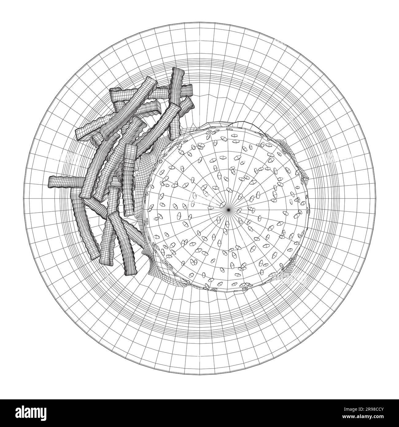 Cheeseburger filaire sur l'assiette. Wireframe Big hamburger avec des côtelettes, du fromage, des tomates, de la laitue. cuisine américaine. Élément d'illustration vectorielle avec humb Illustration de Vecteur